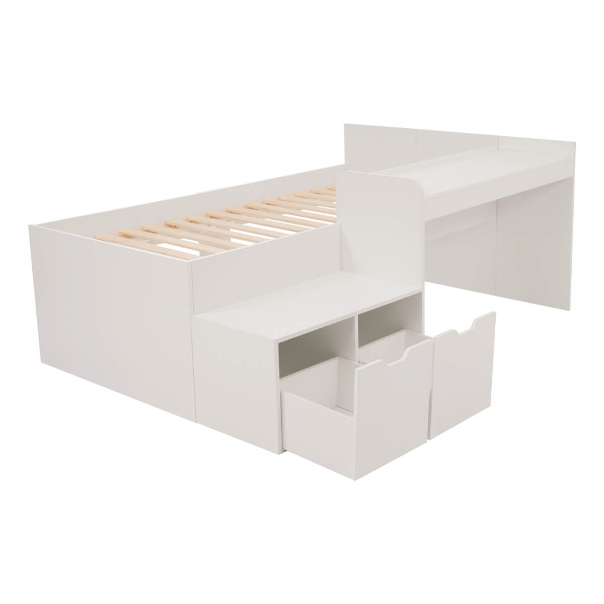 3ft Kids Single Bed with Desk & Drawers – White Wooden Storage Bed for Teens & Adults