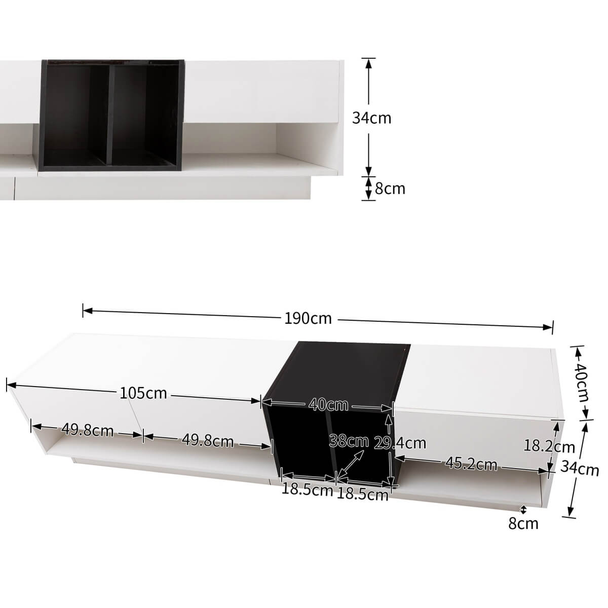 Modern TV Unit with High Gloss White and Black Finish - Lowboard with Drawers, Storage Compartments and Shelves