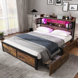 Metal Bed, 4ft6 Double 135x190cm with LED, 2 Drawers & 3 Charge Ports, Black/Wood