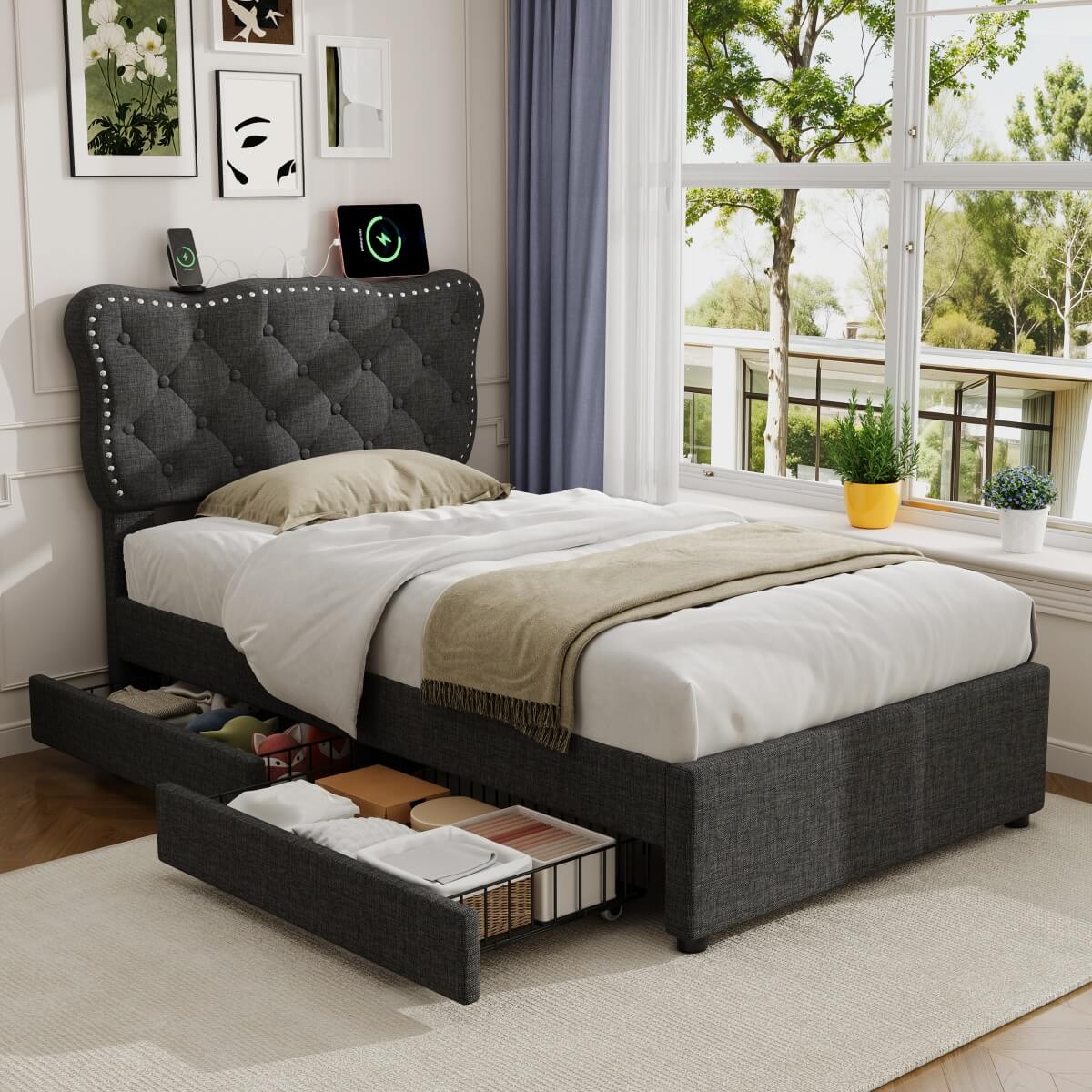 3ft Single Upholstered Bed - USB Charging, Storage Drawers, Adjustable Headboard