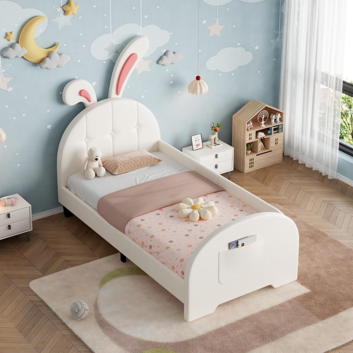 3ft Single Bunny Bed Frame - Upholstered PU Leather, Rabbit Ear Headboard, Cream White