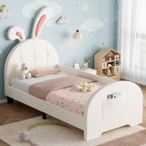 3ft Single Bunny Bed Frame - Upholstered PU Leather, Rabbit Ear Headboard, Cream White