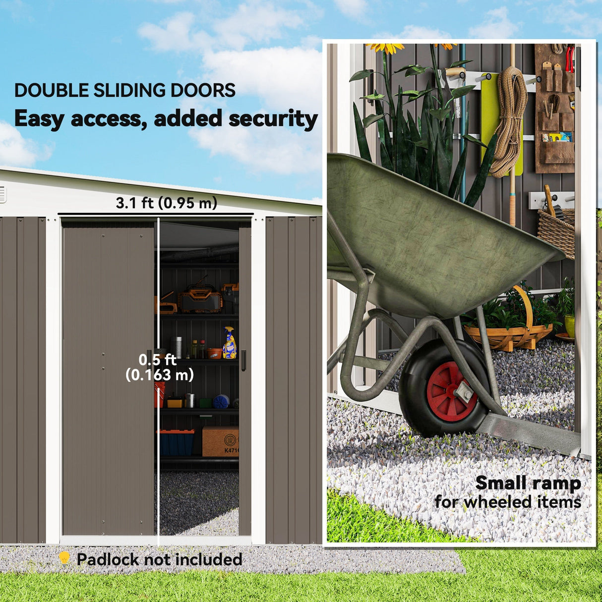 Lean to Metal Garden Shed with Double Sliding Doors and Vents, Grey