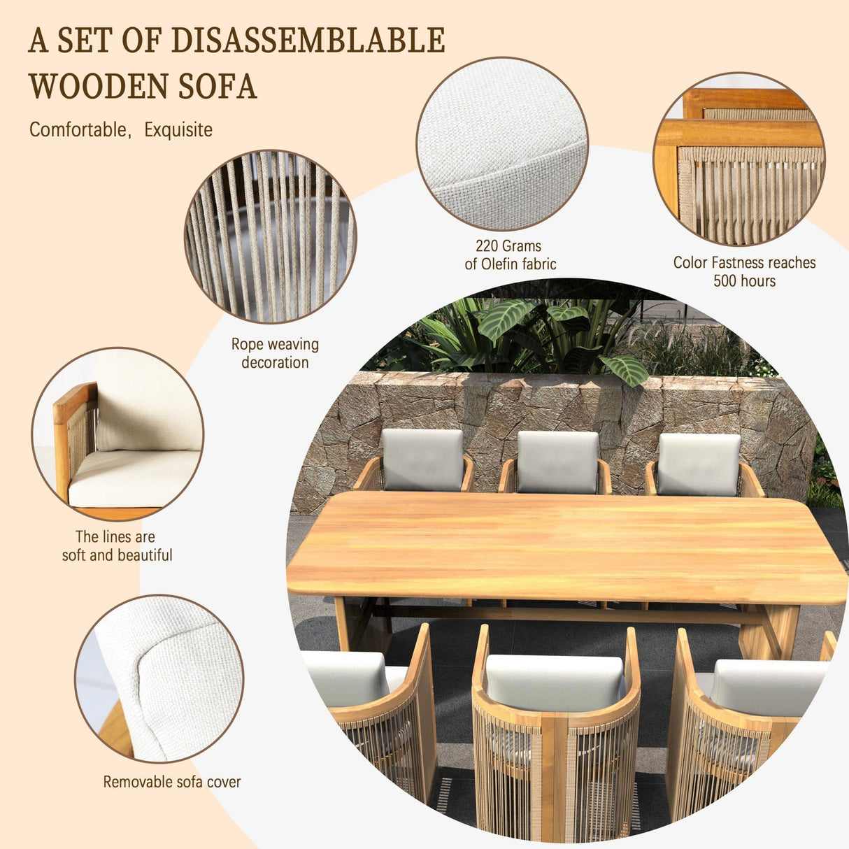 CAVEN Solid Wood Outdoor Dining Set with 2.2m Table & Chairs