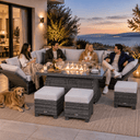 8-9 Seater Outdoor Fire Pit Set - Garden Corner Sofa with Rectangular Fire Pit Table, Footstools & Adjustable Armrests