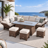 8-9 Seater Outdoor Fire Pit Set - Garden Corner Sofa with Rectangular Fire Pit Table, Footstools & Adjustable Armrests