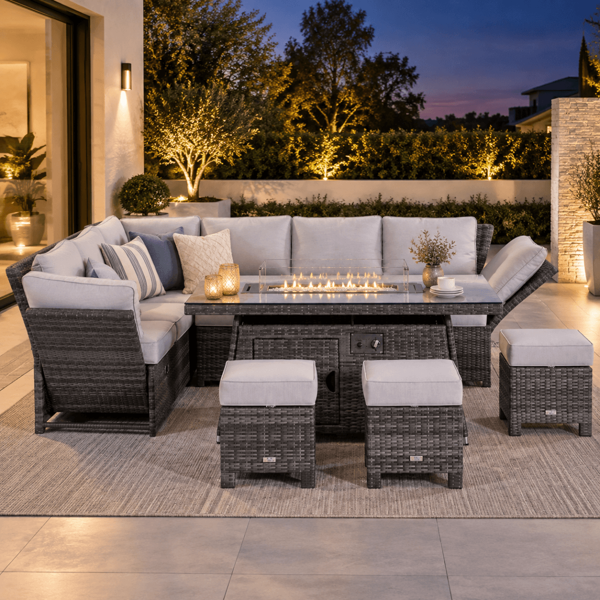 8-9 Seater Outdoor Fire Pit Set - Garden Corner Sofa with Rectangular Fire Pit Table, Footstools & Adjustable Armrests
