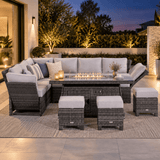 8-9 Seater Outdoor Fire Pit Set - Garden Corner Sofa with Rectangular Fire Pit Table, Footstools & Adjustable Armrests