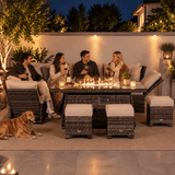 8-9 Seater Outdoor Fire Pit Set - Garden Corner Sofa with Rectangular Fire Pit Table, Footstools & Adjustable Armrests
