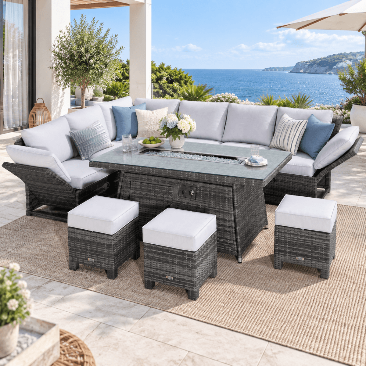 8-9 Seater Outdoor Fire Pit Set - Garden Corner Sofa with Rectangular Fire Pit Table, Footstools & Adjustable Armrests