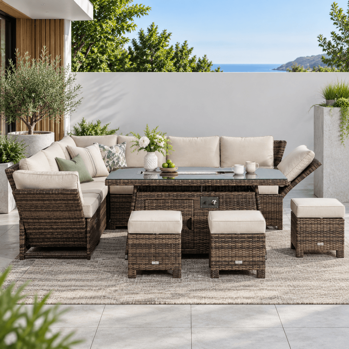 8-9 Seater Outdoor Fire Pit Set - Garden Corner Sofa with Rectangular Fire Pit Table, Footstools & Adjustable Armrests