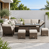 8-9 Seater Outdoor Fire Pit Set - Garden Corner Sofa with Rectangular Fire Pit Table, Footstools & Adjustable Armrests