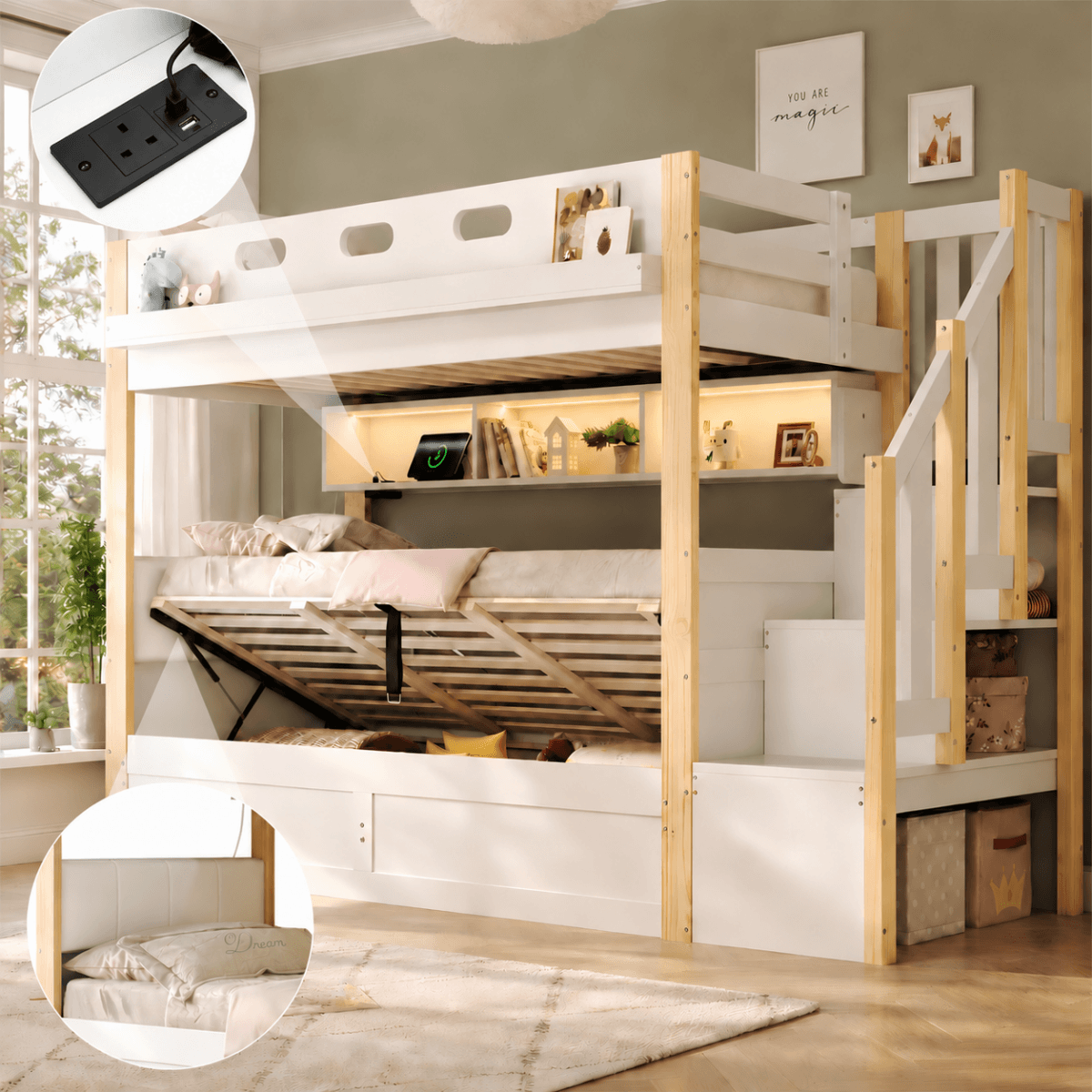 3ft Single Wooden Bunk Bed with Hydraulic Lower Bed - Solid Wood Kids Bed with Storage Stairs, LED Lights and USB Charging, White and Natural