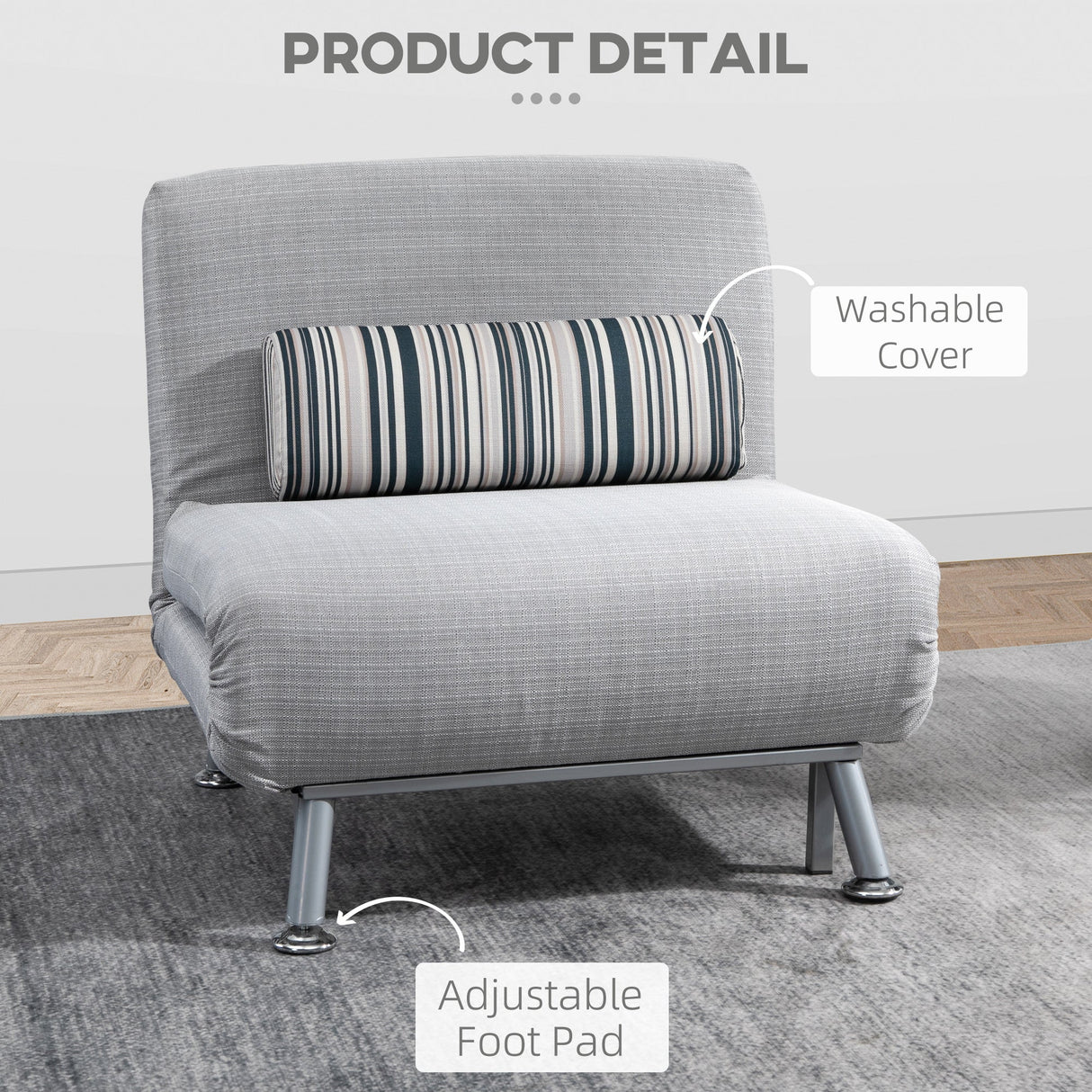 Single Sofa Bed, Foldable 1 Person Sleeper Lounge with Pillow, Grey