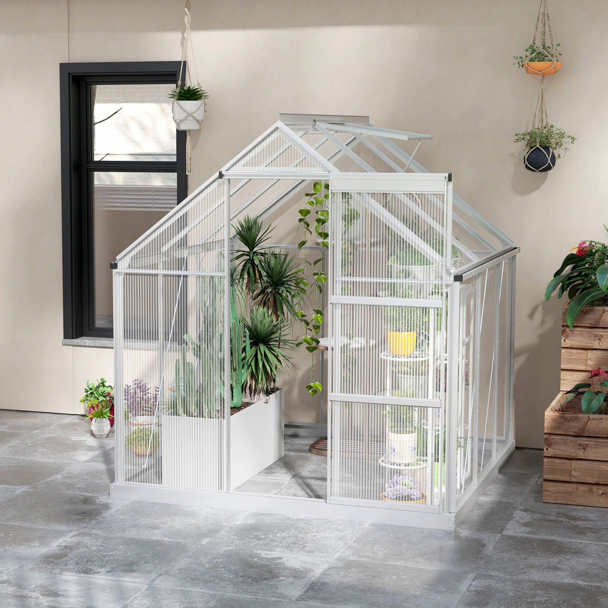 Walk-In Greenhouse 6x6ft with Sliding Door, Window, Foundation, Polycarbonate Aluminium, Silver