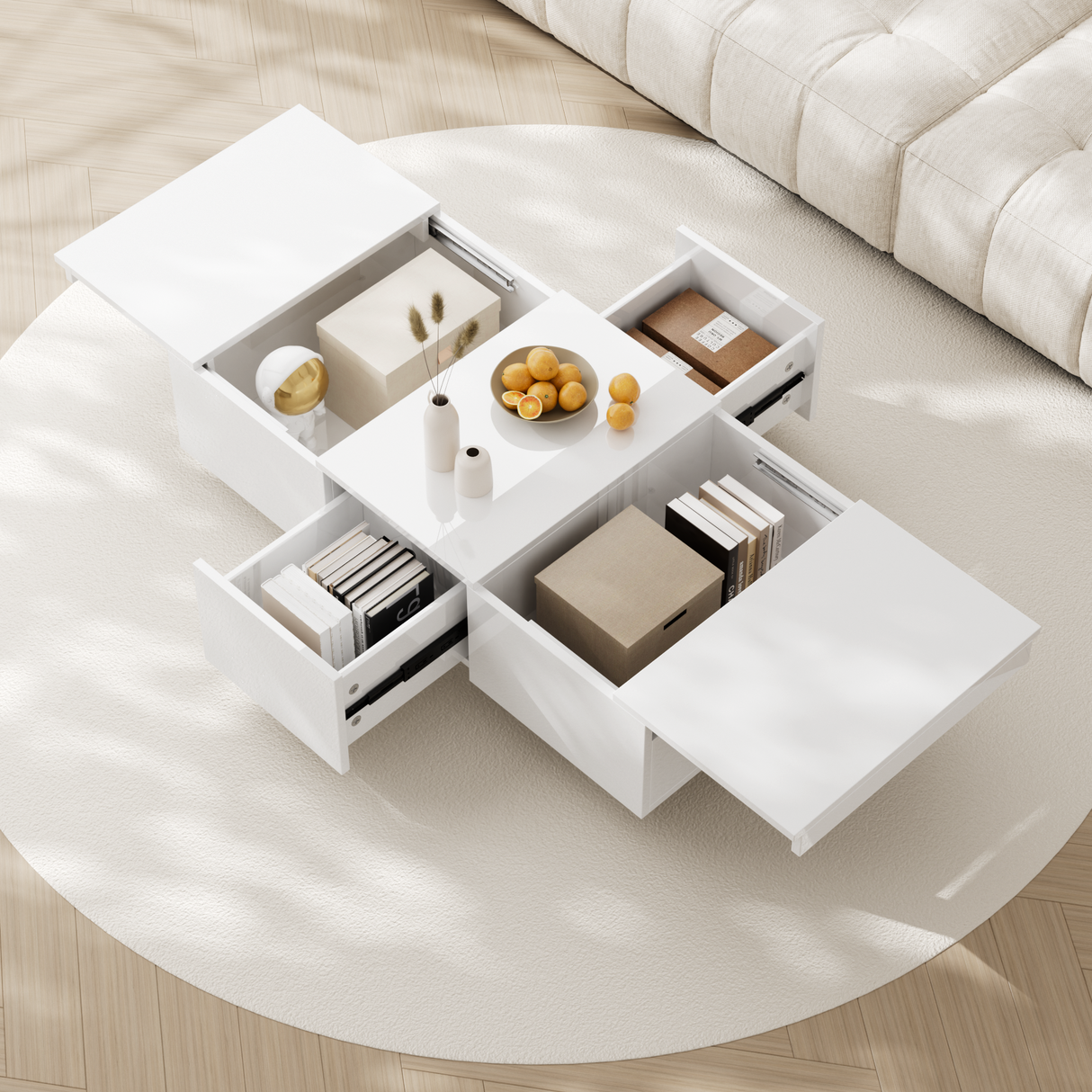 Coffee Table, High-Gloss Living Room with Push-Pull Storage, White