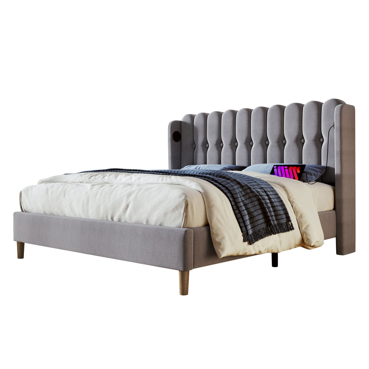 Upholstered Double Bed with USB and Type-C Charging, Bed Frame with Wooden Slatted Frame, Teenager Bed, Grey Linen Material