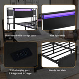 4ft6 Double Metal Bed Frame with LED Lights and Integrated Bedside Table - Black Iron Bed with 2 USB-A Ports and 1 USB-C Charging Port