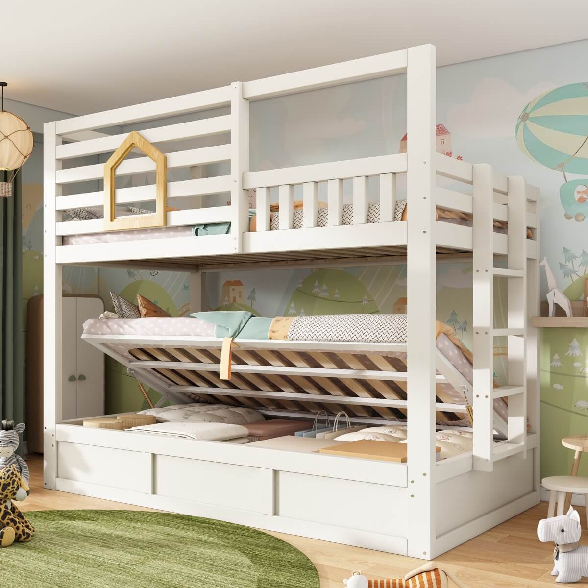 Kids Cabin House Bunk Bed with Storage - Wooden Twin Sleeper Bed with Ladder, White