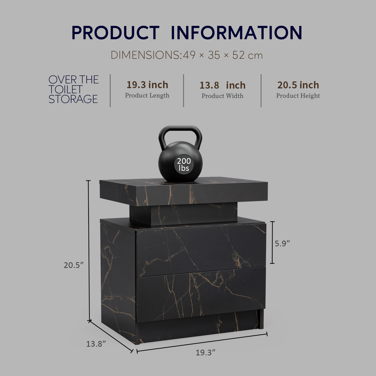 Nightstand with LED Bedside Table Cabinet Lights and 2 Drawers, Black Gold