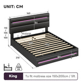 5ft King Ottoman Bed with LED Headboard - PU Upholstered Bed with Hydraulic Storage and USB & Type-C Charging