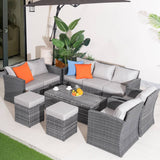 9 Seater Outdoor Rattan Sofa Set - Garden Lounge with Rectangular Coffee Table Featuring Built In Storage and Footstools