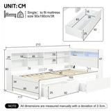 3ft Single Wooden Daybed with Storage Drawers - LED Bed Frame with Bedside Storage and Charging Station, White