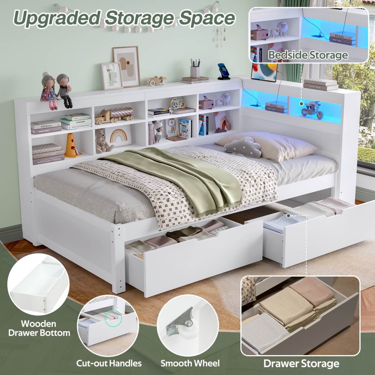 3ft Single Wooden Daybed with Storage Drawers - LED Bed Frame with Bedside Storage and Charging Station, White