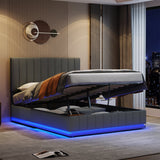 Ottoman King Bed with LED Lighting, Hydraulic Storage, and Adjustable Channel Tufted Headboard, Grey PU Leather