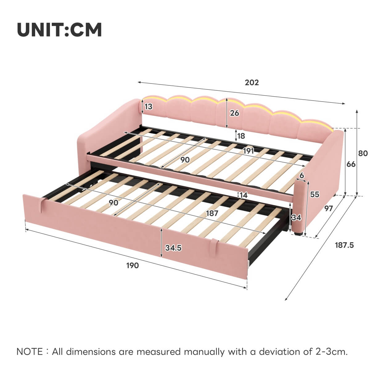 3ft Single Velvet Daybed with Pull-Out Trundle Bed - Petal-Shaped Upholstered Bed Frame with RGB LED Lights, Pink