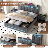 5ft King Ottoman Bed Frame - LED Upholstered Storage Bed with USB & Type C Charging, Grey