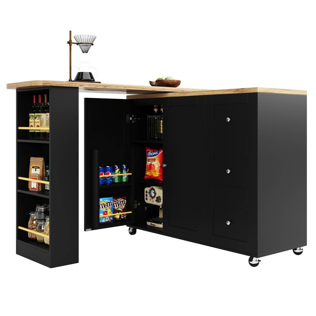 360° Rotating Kitchen Island - Extendable Bar Table with 3 Drawers, Snack Rack & Castors, Multifunctional Storage Cabinet, Black
