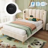 3ft Single Upholstered Bed - Velvet Bed Frame with USB & Type-C Charging, Wooden Slats, Beige