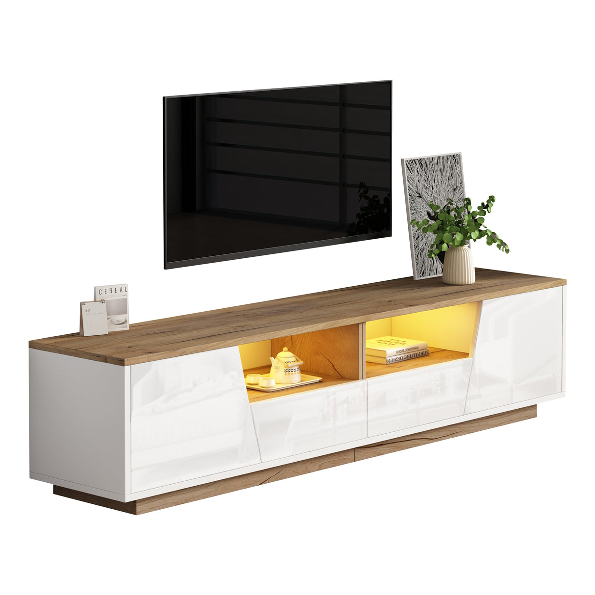 LED TV Stand for 65 Inch TV, Modern Wood Media Console with Storage Drawers, Cabinets and Cable Management, Low Profile Entertainment Center for Living Room Bedroom, White & Oak