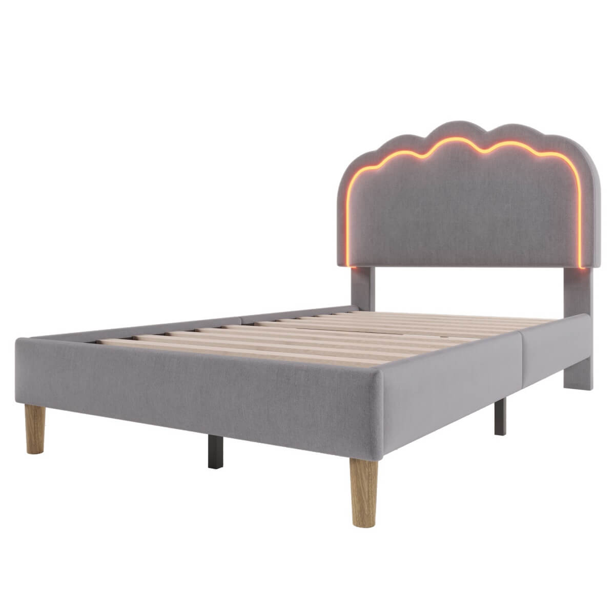 3ft Single Upholstered Bed with LED Lights - Linen Bed Frame with Adjustable Headboard, Grey