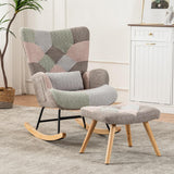 Fabric Rocking Chair with Ottoman - Wingback Accent Armchair with Wooden Legs