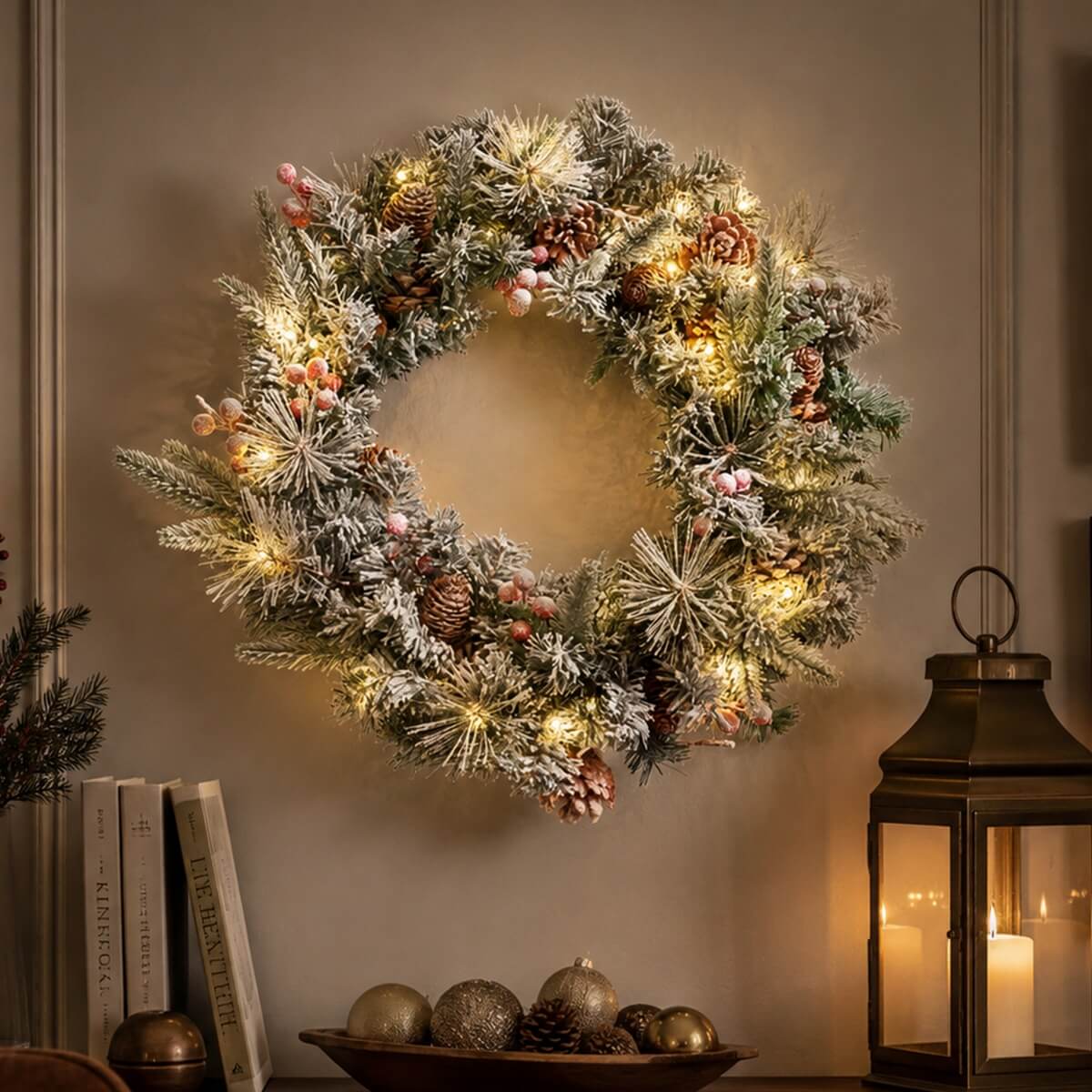 Snow-Flocked Christmas Wreath with Pine Cones & Red Berries - PVC Wreath with Pre-Lit LED Lights
