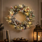 Snow-Flocked Christmas Wreath with Pine Cones & Red Berries - PVC Wreath with Pre-Lit LED Lights