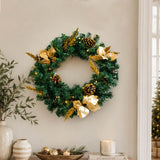 Christmas Wreath with Gold Flowers & Red Berries - PVC Wreath with Pre-Lit LED Lights & Gold Branches