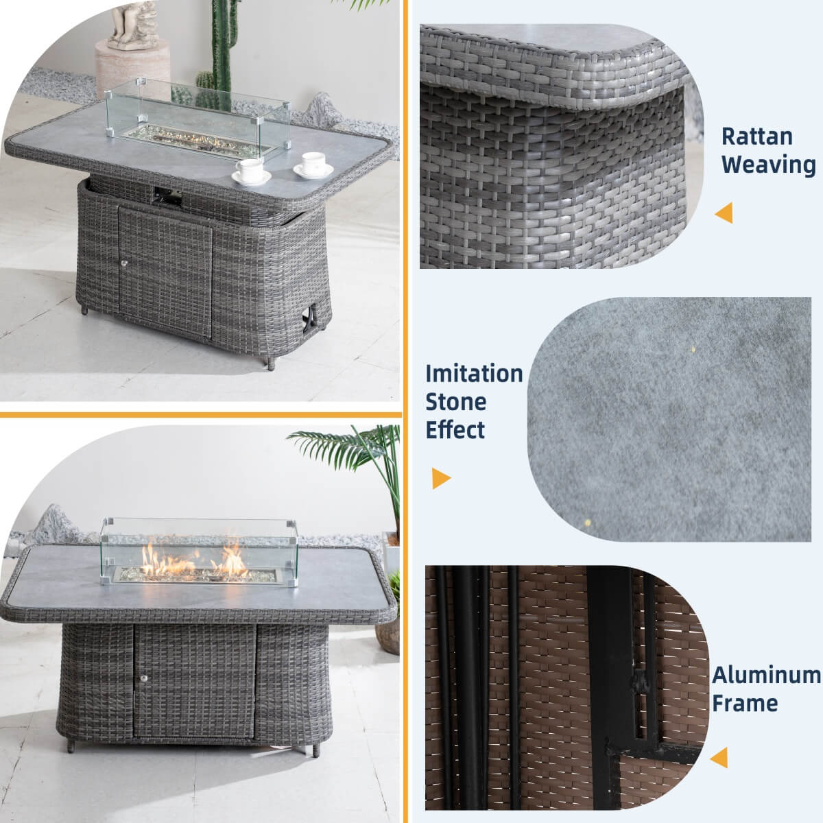 Aluminium Lift-Top Fire Pit Table - Adjustable Coffee & Dining Table