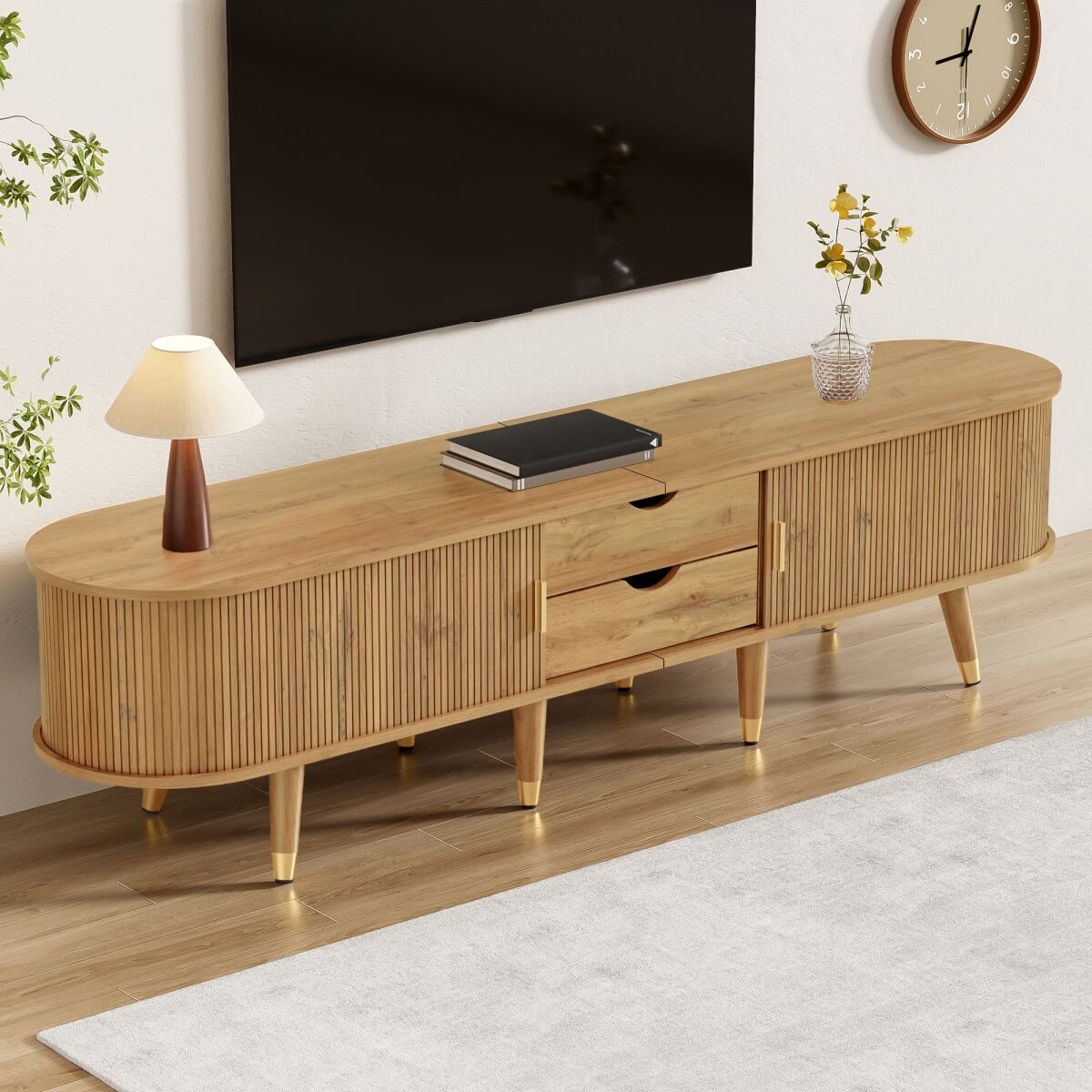 Modern TV Cabinet with Sliding Doors - Low TV Stand with Unique Design & Storage