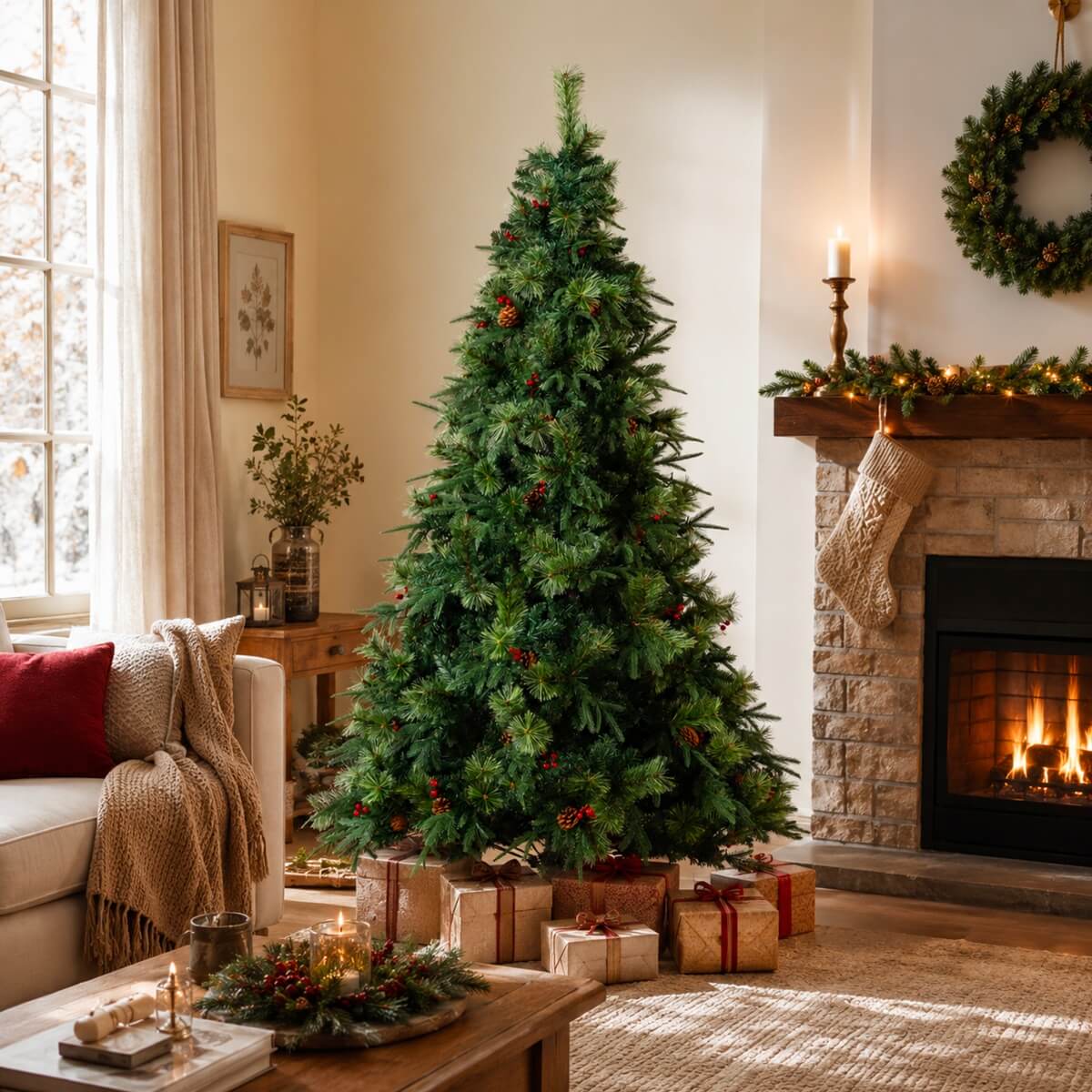 Realistic Full Green Artificial Christmas Tree with Pine Cones & Red Berries - PVC Xmas Tree for Easy Setup, 6.5ft/7.5ft/8.5ft