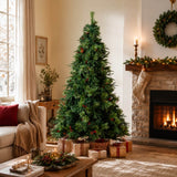 Realistic Full Green Artificial Christmas Tree with Pine Cones & Red Berries - PVC Xmas Tree for Easy Setup, 6.5ft/7.5ft/8.5ft