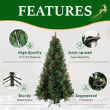 Realistic Full Green Artificial Christmas Tree with Pine Cones & Red Berries - Easy-Setup PVC Xmas Tree, 5ft/6ft/7ft