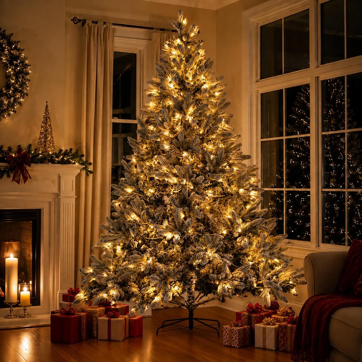 Realistic Snow-Flocked Green Artificial Christmas Tree - Full PVC & PE Mixed-Foliage Xmas Tree with Pre-Lit Warm White LED Lights & Faux Snow Effect, 6ft/7ft/8ft