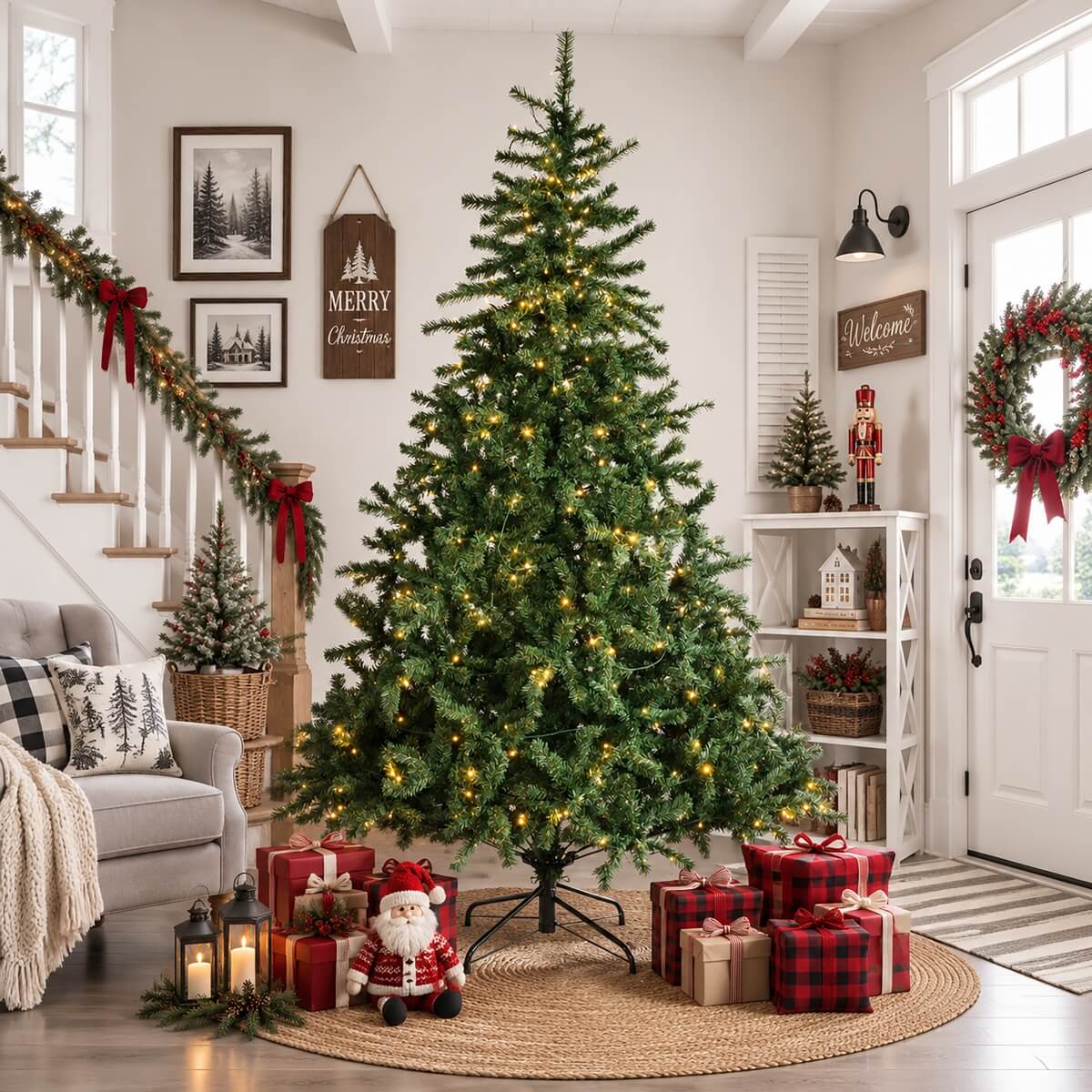 Realistic Full Green Artificial Christmas Tree - PVC Xmas Tree with Pre-Lit Warm White LED Lights, Easy Setup & Indoor Festive Decoration, 6ft/7ft/8ft