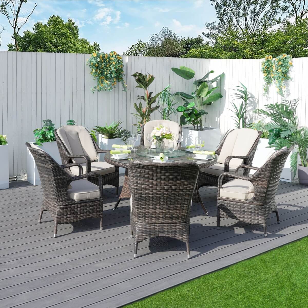 6 Seater Outdoor Rattan Dining Set - Round Table with Tempered Glass Top, Lazy Susan & Parasol Hole
