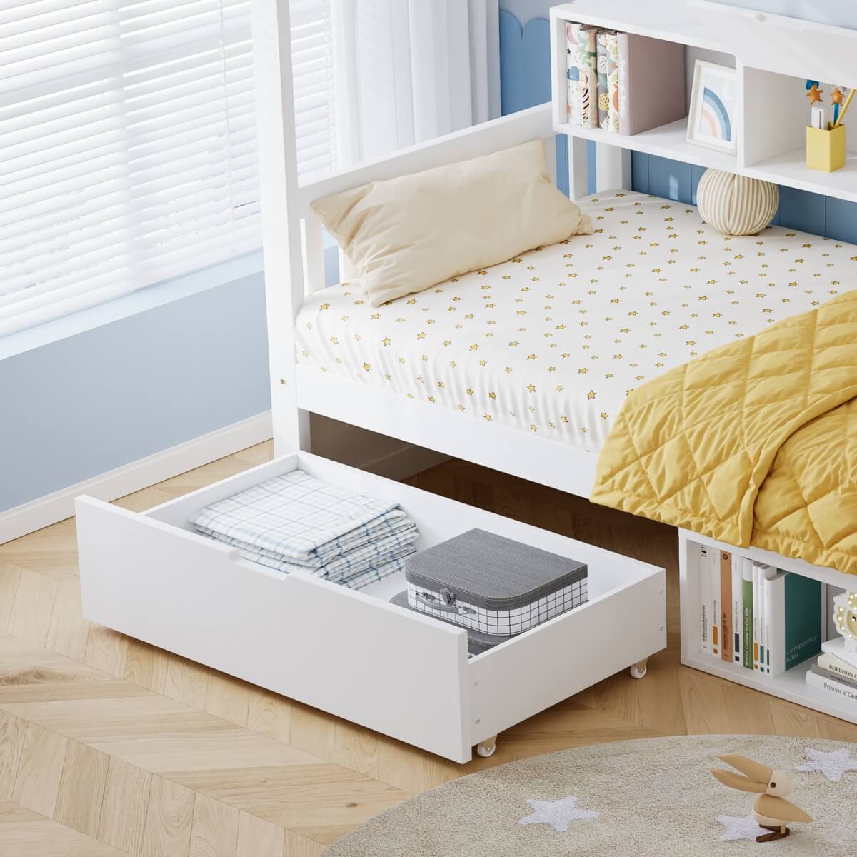 3ft Single Children’s Storage Bed with Safety Guardrail & Wheeled Drawer - House-Shaped Pine Wood Bed Frame with Storage Compartments, White