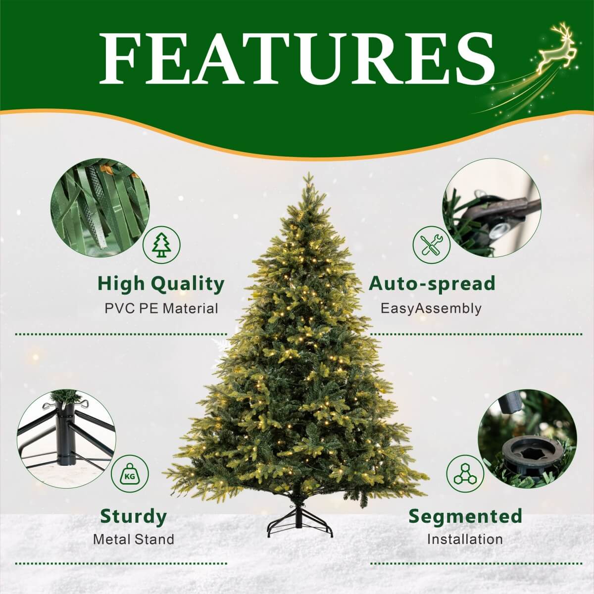 Realistic Full Green Artificial Christmas Tree - PVC & PE Mixed-Foliage Xmas Tree with Pre-Lit Warm White LED Lights, Easy Setup, 6ft/7ft/8ft