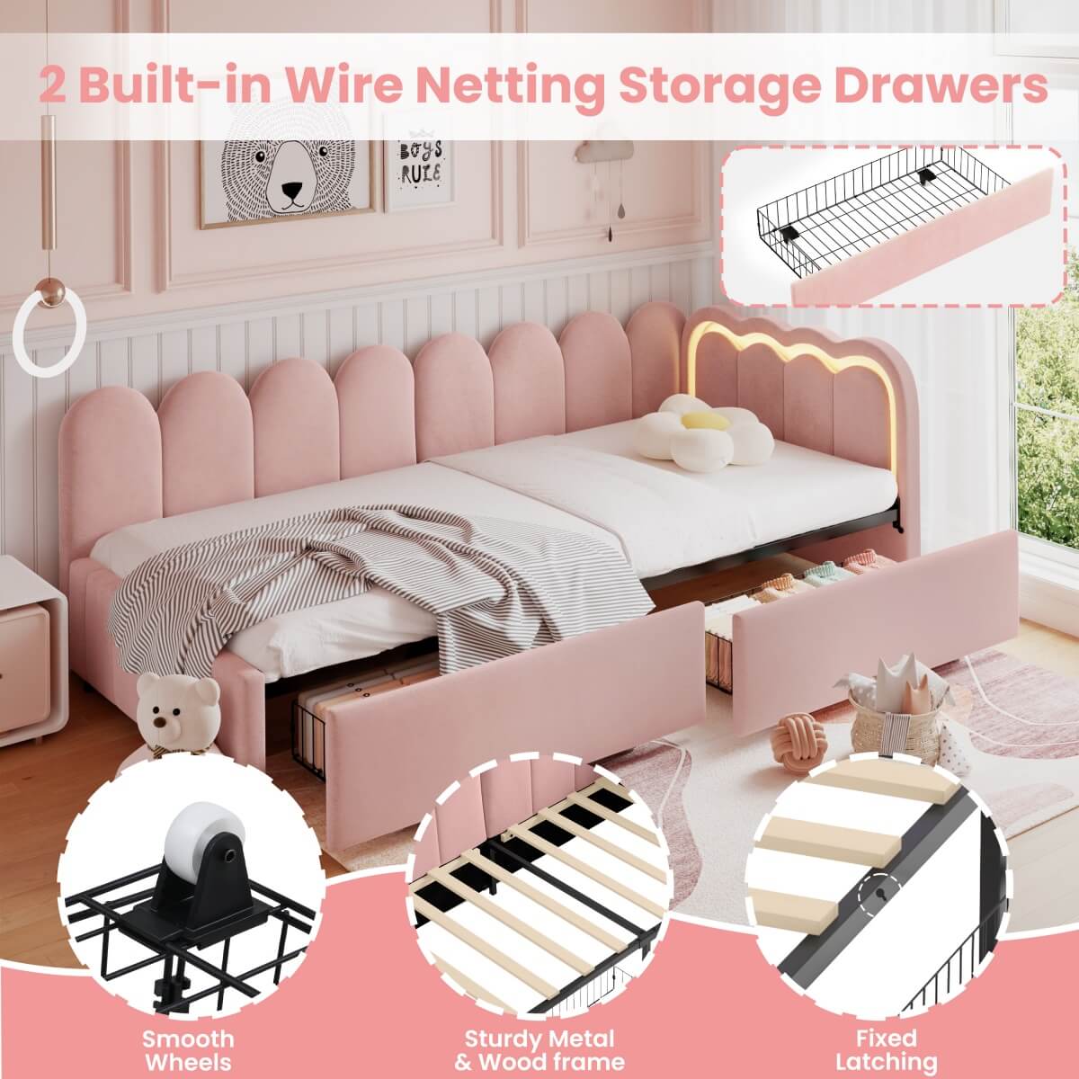 3ft Single Velvet Daybed - RGB LED Lights, 2 Storage Drawers, Scalloped Backrest, Pink